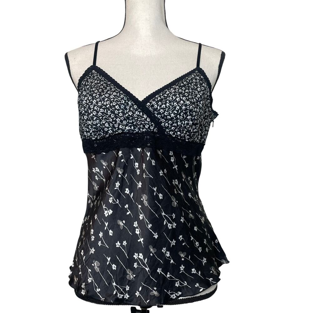 Bebe 100% Silk Lace Camisole Black White Floral VTG Y2K Cami Slip Top Size L